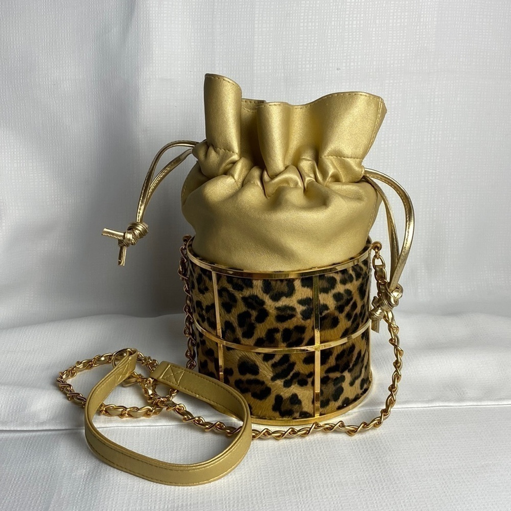 Cute Faux Leopard Print and Gold Faux Leather Bucket Bag